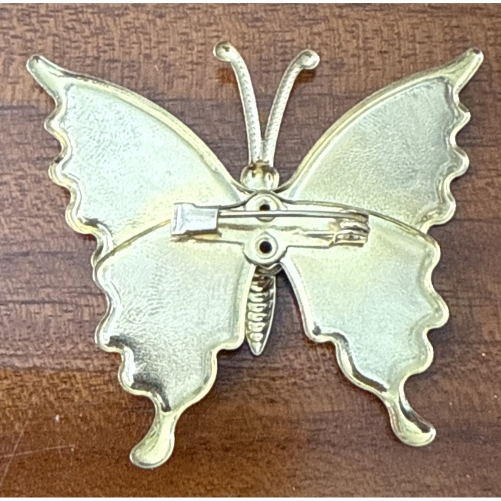 Vintage Enamel Butterfly Brooch Pin • Green & Orange Gold Tone • 2" MCM‎ Fairy - Picture 4 of 6